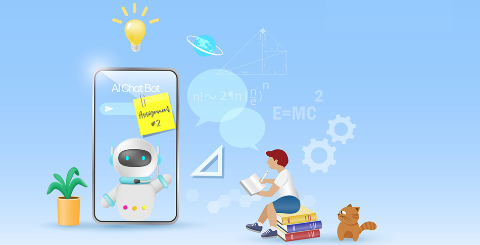 AI chat bot assist kid student doing homework assignment. Artificial intelligence robot generates information and summarize knowledge to accomplish tasks in smart solution. Education Technology.