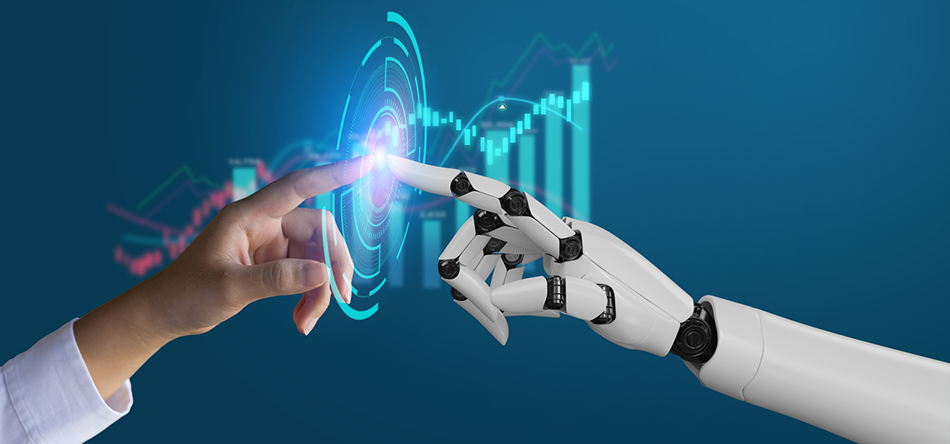 AI, Machine learning, robot hand ai artificial intelligence assistance human touching on big data network connection background, Science artificial intelligence technology, innovation and futuristic.