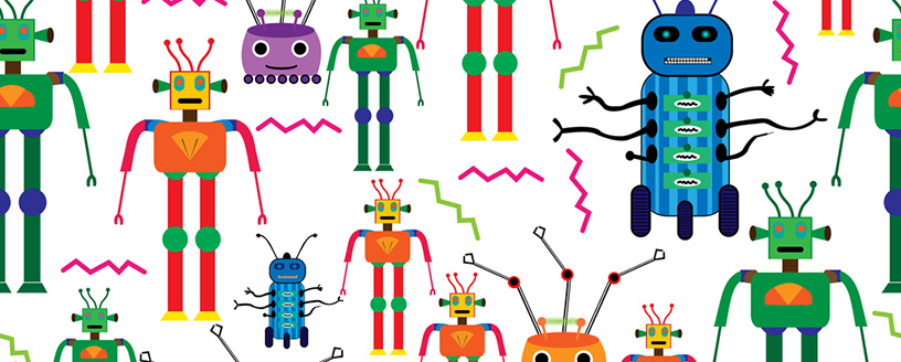 Colorful robots design seamless pattern white background:  1448341484